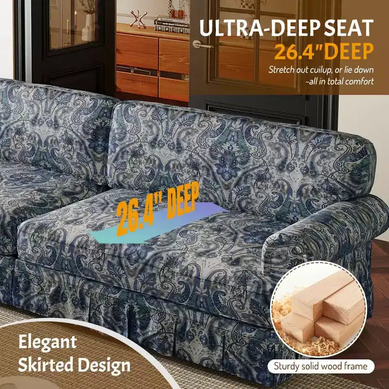 MAYEERTY 74 Canapé 3 places Cloud luxueusement confortable, Sofa en tissu Oxford avec accoudoirs roulés et jupe plissée motif floral bleu