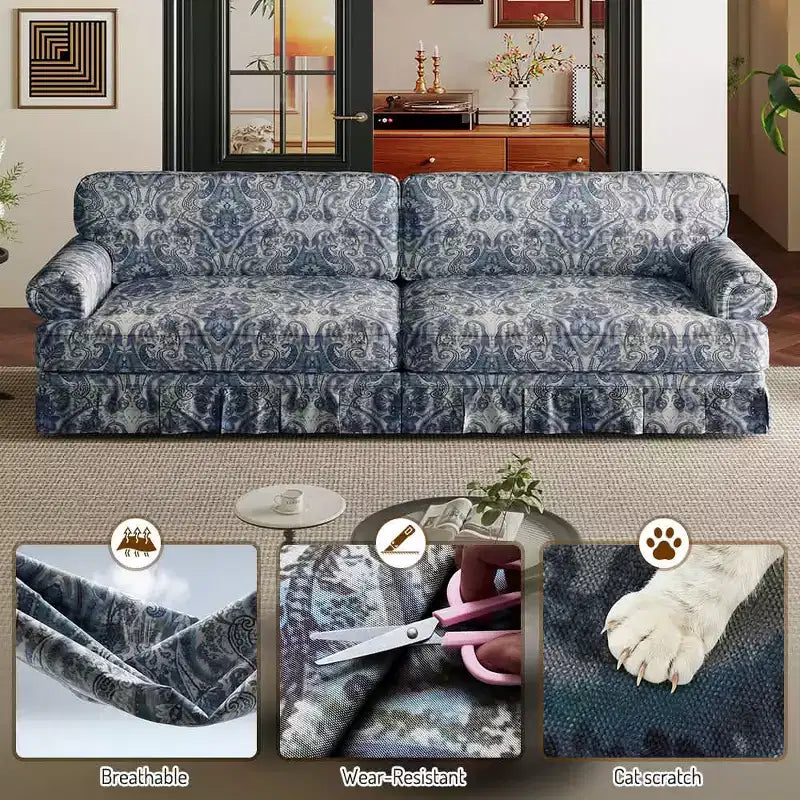 MAYEERTY 74 Canapé 3 places Cloud luxueusement confortable, Sofa en tissu Oxford avec accoudoirs roulés et jupe plissée motif floral bleu
