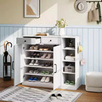 Shoe Storage Cabinet, Modern Farmhouse Shoe Rack Organizer with 6 Adjustable Shelves & 2 Drawers, Freestanding Entryway Cabinet for Living Room