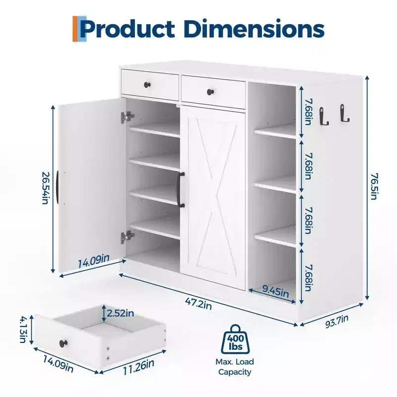Meuble de rangement pour chaussures, organisateur de chaussures de style ferme moderne avec 6 étagères réglables et 2 tiroirs, meuble d'entrée autoportant pour salon