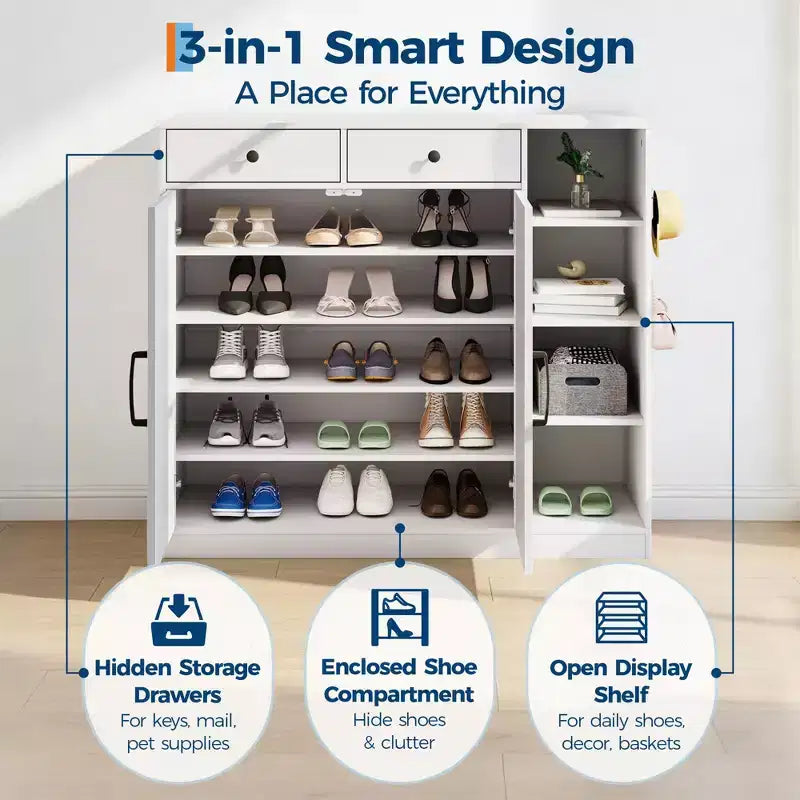Meuble de rangement pour chaussures, organisateur de chaussures de style ferme moderne avec 6 étagères réglables et 2 tiroirs, meuble d'entrée autoportant pour salon