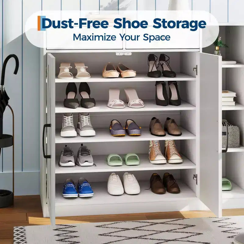 Meuble de rangement pour chaussures, organisateur de chaussures de style ferme moderne avec 6 étagères réglables et 2 tiroirs, meuble d'entrée autoportant pour salon
