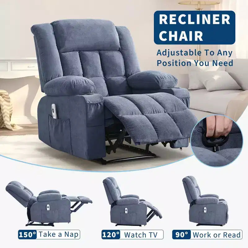 Fauteuil inclinable COZONY avec massage et fonction chauffante, fauteuil à bascule avec poches latérales et porte-gobelet pour salon