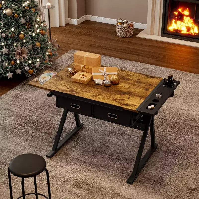 JVNOXKtable de dessin technique réglable avec 2 tiroirs pour bureau à domicile et école avec tabouret (marron)