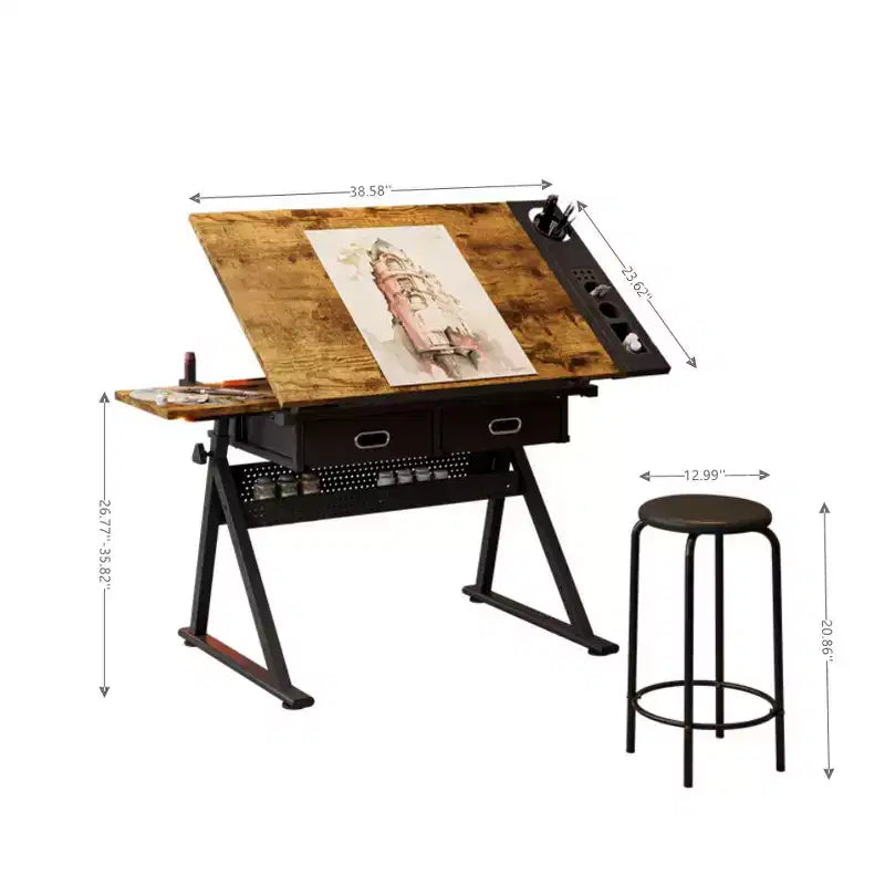 JVNOXKtable de dessin technique réglable avec 2 tiroirs pour bureau à domicile et école avec tabouret (marron)