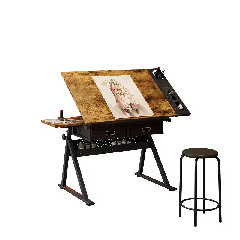 JVNOXKtable de dessin technique réglable avec 2 tiroirs pour bureau à domicile et école avec tabouret (marron)