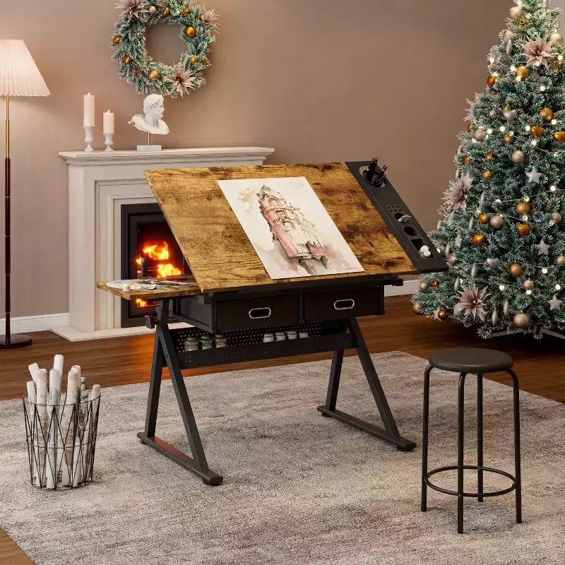 JVNOXKtable de dessin technique réglable avec 2 tiroirs pour bureau à domicile et école avec tabouret (marron)