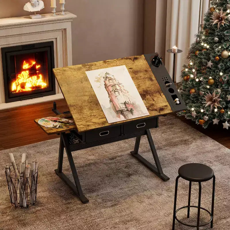 JVNOXKtable de dessin technique réglable avec 2 tiroirs pour bureau à domicile et école avec tabouret (marron)