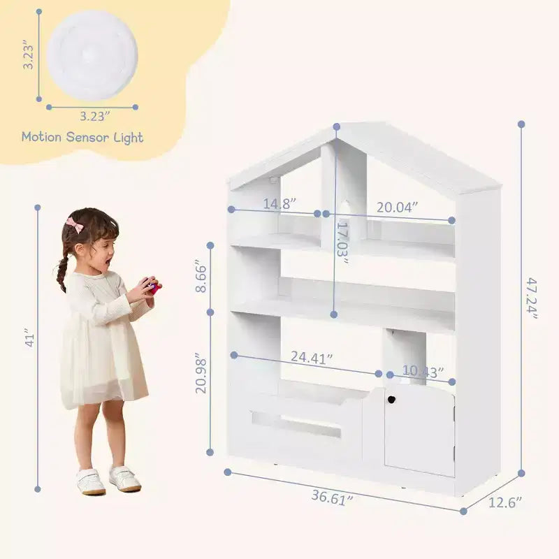 Bibliothèque pour enfants, organisateur de rangement de jouets, bibliothèque en bois pour tout-petits avec lumière à détecteur de mouvement, bibliothèque maison de poupée pour chambre à coucher, salle de classe, jardin d'enfants