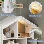 Bibliothèque pour enfants, organisateur de rangement de jouets, bibliothèque en bois pour tout-petits avec lumière à détecteur de mouvement, bibliothèque maison de poupée pour chambre à coucher, salle de classe, jardin d'enfants