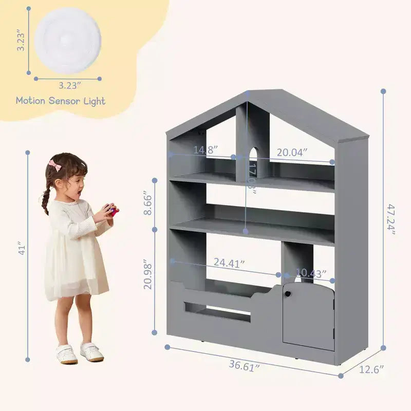 Bibliothèque pour enfants, organisateur de rangement de jouets, bibliothèque en bois pour tout-petits avec lumière à détecteur de mouvement, bibliothèque maison de poupée pour chambre à coucher, salle de classe, jardin d'enfants