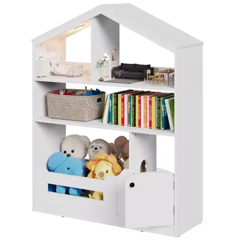 Bibliothèque pour enfants, organisateur de rangement de jouets, bibliothèque en bois pour tout-petits avec lumière à détecteur de mouvement, bibliothèque maison de poupée pour chambre à coucher, salle de classe, jardin d'enfants