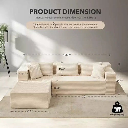 Canapé d'angle en L de 106 pouces avec méridienne, canapé modulable moderne Cloud, canapé sectionnel, meuble rembourré à assise profonde, aucun outil requis pour l'assemblage