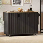 Farmhouse Fluted Kitchen Island with Drop Leaf, Wheels and Internal Storage Rack