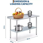 Table de préparation en acier inoxydable avec dosseret et étagère inférieure réglable, 61 × 121,9 cm