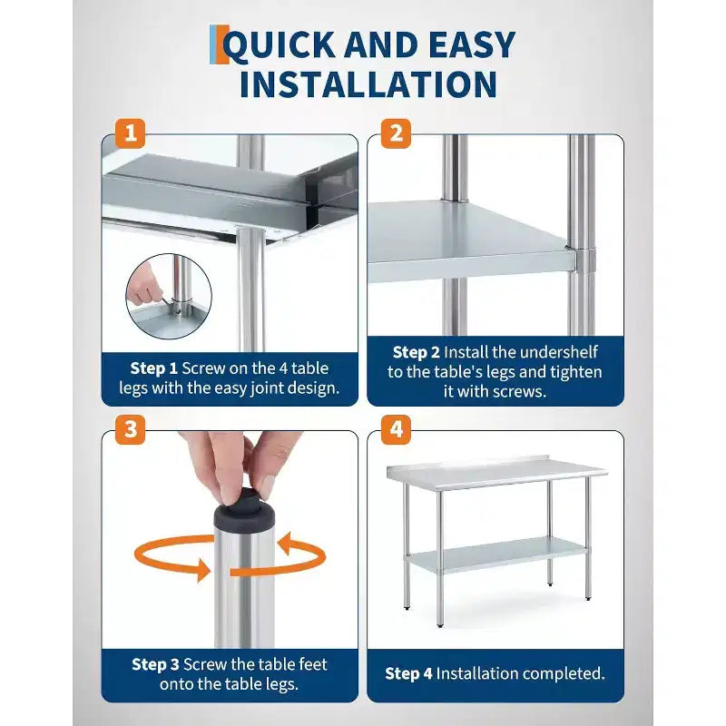Table de préparation en acier inoxydable 60x120cm, table de travail de cuisine commerciale avec dosseret et étagère inférieure réglable, table de préparation des aliments en métal pour restaurant