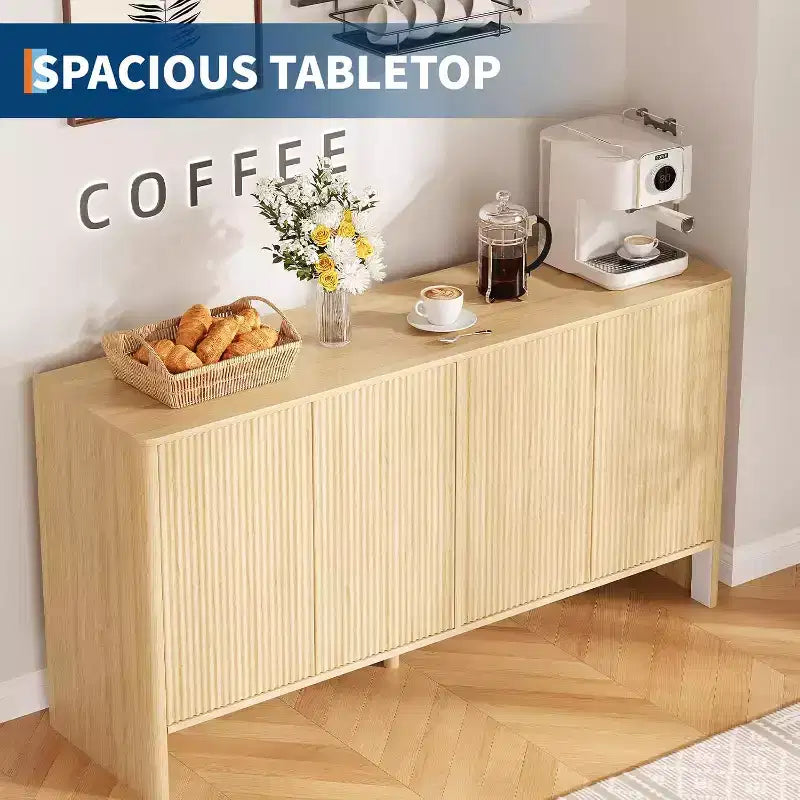 Buffet de salle à manger 58 po avec rangement, meuble de bar à café cannelé de style champêtre pour salle à manger, salon, table console moderne en bois au design incurvé