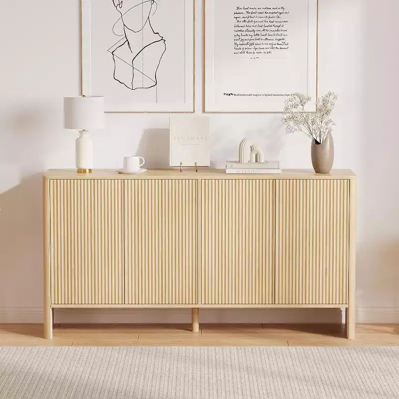 Buffet de salle à manger 58 po avec rangement, meuble de bar à café cannelé de style champêtre pour salle à manger, salon, table console moderne en bois au design incurvé