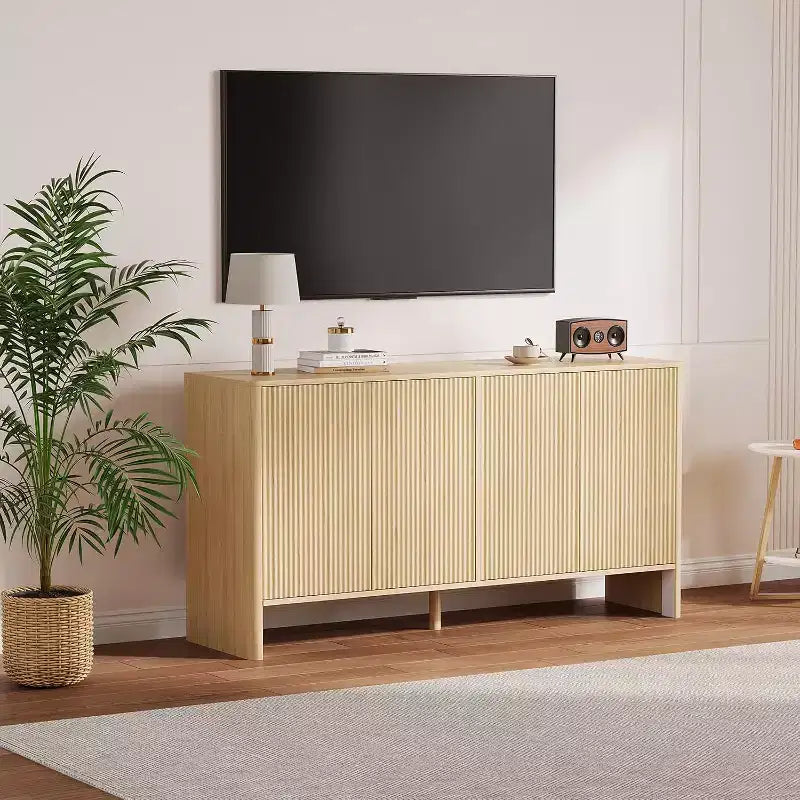 Buffet de salle à manger 58 po avec rangement, meuble de bar à café cannelé de style champêtre pour salle à manger, salon, table console moderne en bois au design incurvé