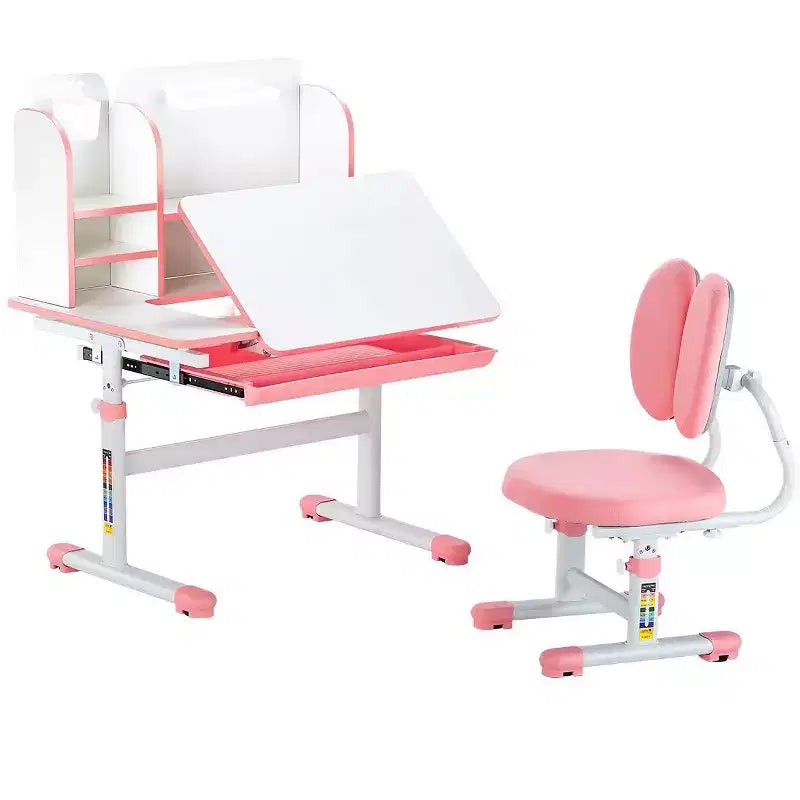 Kids Adjustable Study Desk and Chair Set with Storage Drawer Bookshelf Tilting Desktop
