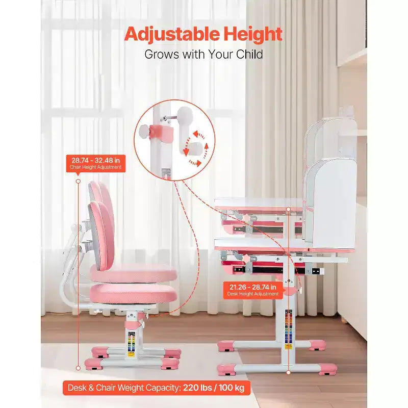 Ensemble bureau et chaise d'étude réglables pour enfants avec tiroir de rangement, étagère et plateau inclinable