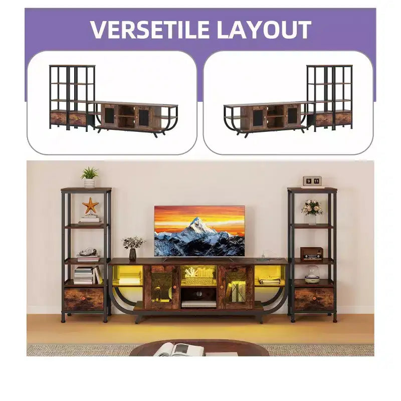 Meuble TV pour téléviseurs jusqu'à 65 pouces, centre de divertissement LED avec 2 étagères et prise de courant, meuble TV de style ferme avec tiroir en tissu