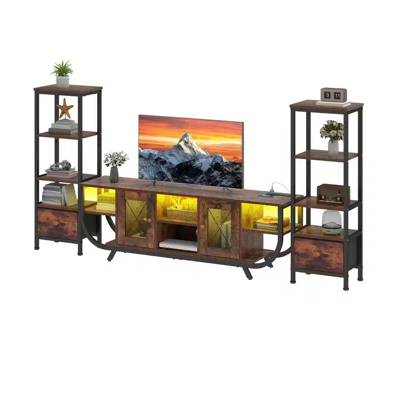 Meuble TV pour téléviseurs jusqu'à 65 pouces, centre de divertissement LED avec 2 étagères et prise de courant, meuble TV de style ferme avec tiroir en tissu