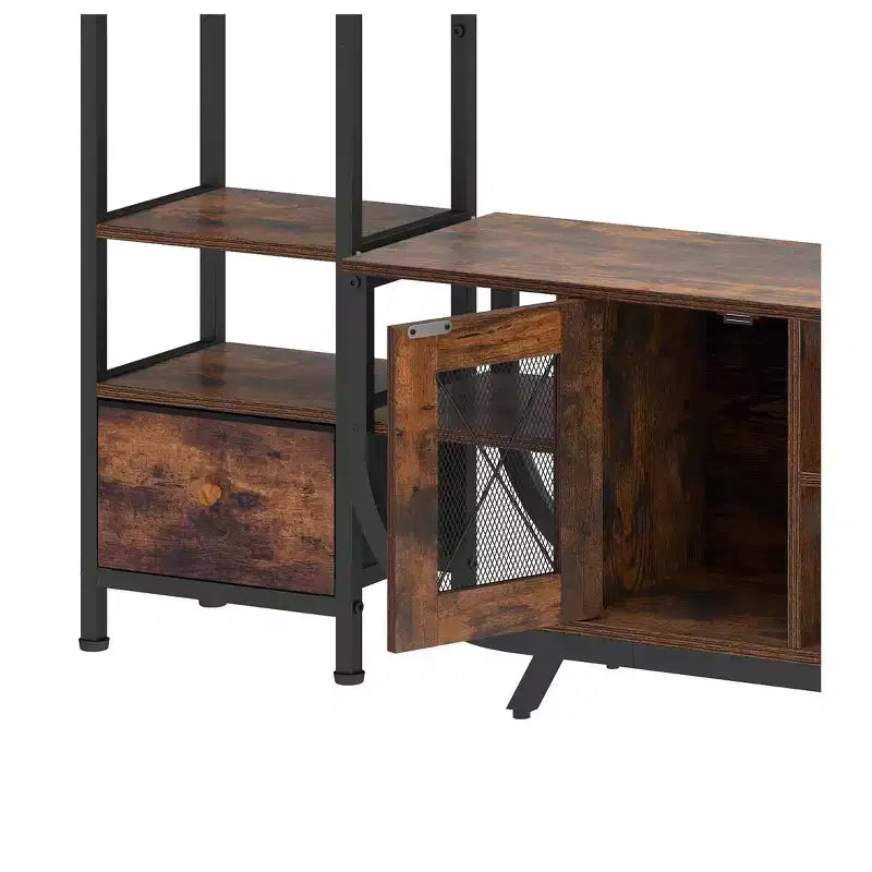 Meuble TV pour téléviseurs jusqu'à 65 pouces, centre de divertissement LED avec 2 étagères et prise de courant, meuble TV de style ferme avec tiroir en tissu