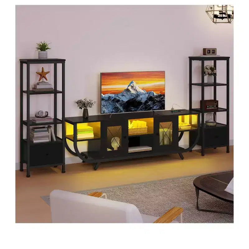 Meuble TV pour téléviseurs jusqu'à 65 pouces, centre de divertissement LED avec 2 étagères et prise de courant, meuble TV de style ferme avec tiroir en tissu