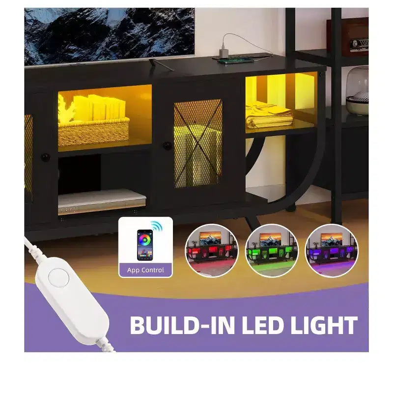 Meuble TV pour téléviseurs jusqu'à 65 pouces, centre de divertissement LED avec 2 étagères et prise de courant, meuble TV de style ferme avec tiroir en tissu