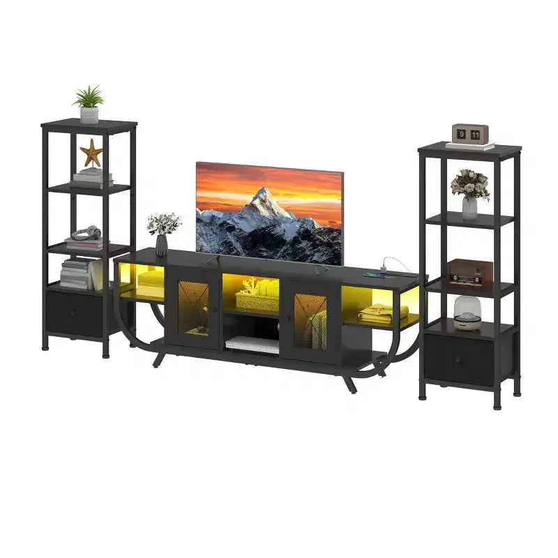 Meuble TV pour téléviseurs jusqu'à 65 pouces, centre de divertissement LED avec 2 étagères et prise de courant, meuble TV de style ferme avec tiroir en tissu