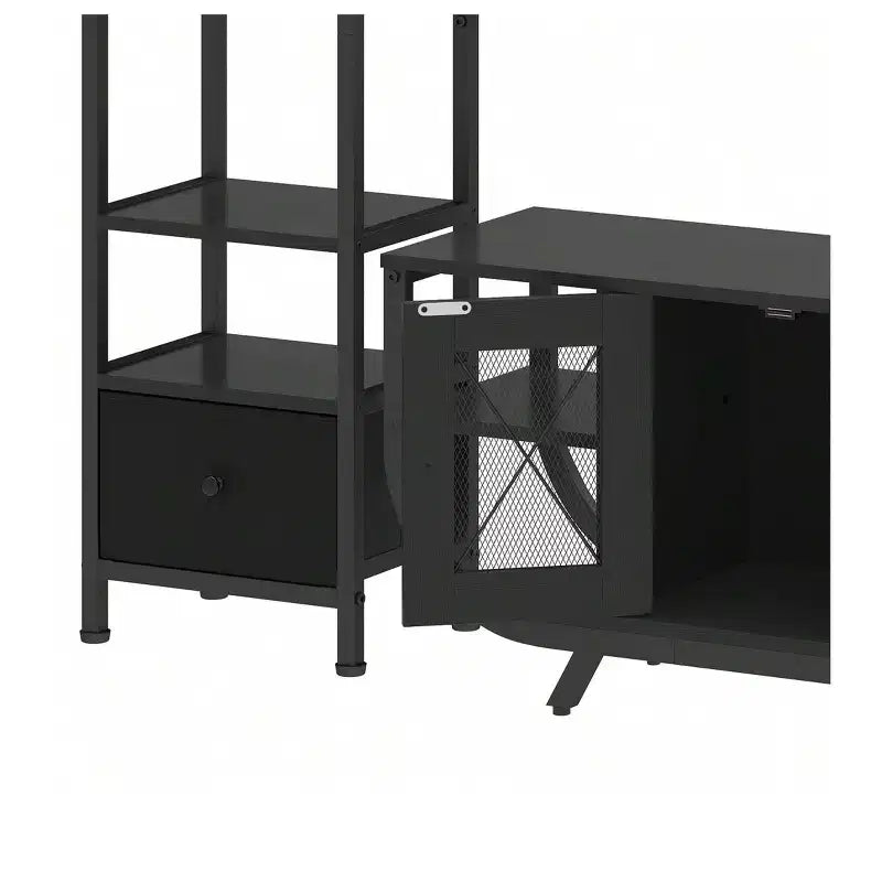 Meuble TV pour téléviseurs jusqu'à 65 pouces, centre de divertissement LED avec 2 étagères et prise de courant, meuble TV de style ferme avec tiroir en tissu