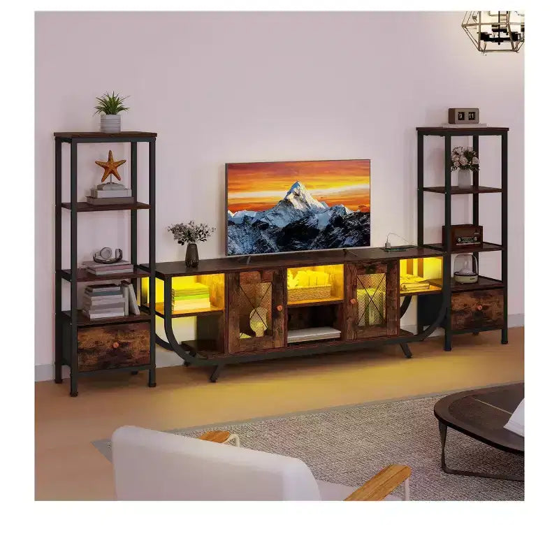 Meuble TV pour téléviseurs jusqu'à 65 pouces, centre de divertissement LED avec 2 étagères et prise de courant, meuble TV de style ferme avec tiroir en tissu