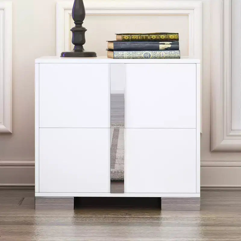 Table de chevet élégante Whisen, Table de chevet miroir avec 2 tiroirs, Pieds en métal