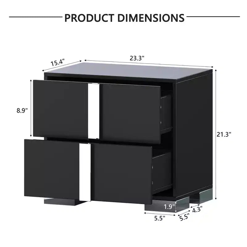 Table de chevet élégante Whisen, Table de chevet miroir avec 2 tiroirs, Pieds en métal