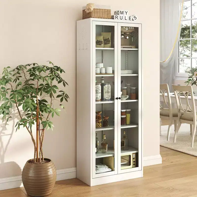 VIYET 72H Armoire de Cuisine/Garde-Manger Robuste en Métal, 5 Étagères Réglables + Portes en Verre, 36kg/Étagère, Autoportante pour Cuisine/Garde-Manger/Salle de Bain (Blanc)