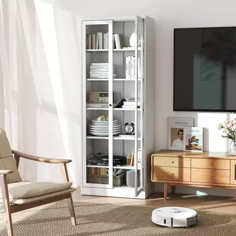 VIYET 72H Armoire de Cuisine/Garde-Manger Robuste en Métal, 5 Étagères Réglables + Portes en Verre, 36kg/Étagère, Autoportante pour Cuisine/Garde-Manger/Salle de Bain (Blanc)