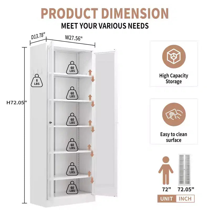 VIYET 72H Armoire de Cuisine/Garde-Manger Robuste en Métal, 5 Étagères Réglables + Portes en Verre, 36kg/Étagère, Autoportante pour Cuisine/Garde-Manger/Salle de Bain (Blanc)
