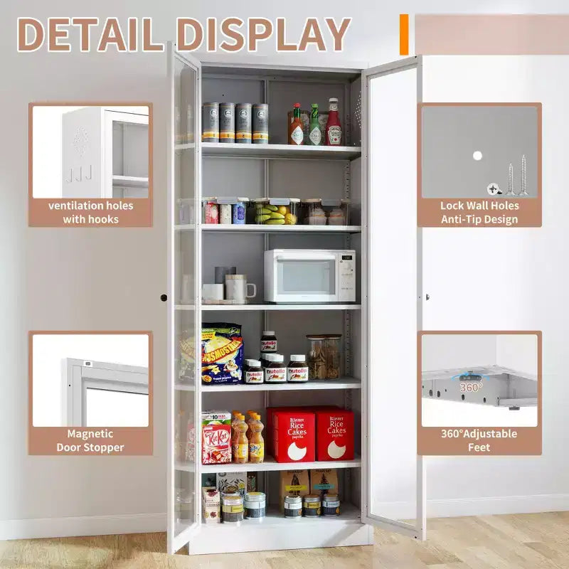 VIYET 72H Armoire de Cuisine/Garde-Manger Robuste en Métal, 5 Étagères Réglables + Portes en Verre, 36kg/Étagère, Autoportante pour Cuisine/Garde-Manger/Salle de Bain (Blanc)