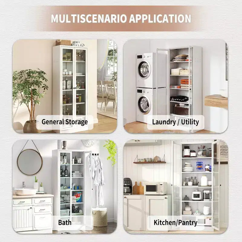 VIYET 72H Armoire de Cuisine/Garde-Manger Robuste en Métal, 5 Étagères Réglables + Portes en Verre, 36kg/Étagère, Autoportante pour Cuisine/Garde-Manger/Salle de Bain (Blanc)