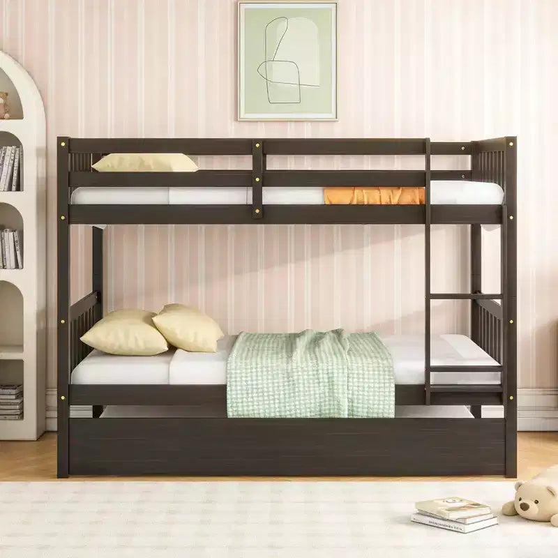 Luxystar Twin Over Twin Modern Wood Bunk Bed with Trundle, Convertible into 2 Beds