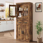 Freestanding Storage Cabinet with 4 Doors, Glass-Front Drawer and Adjustable Shelves, 169.9 cm High