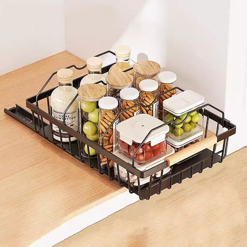 Black Carbon Steel Under-Cabinet Pull-Out Organizer Racks, No-Drill Spice Bottle Storage Shelves for Kitchen