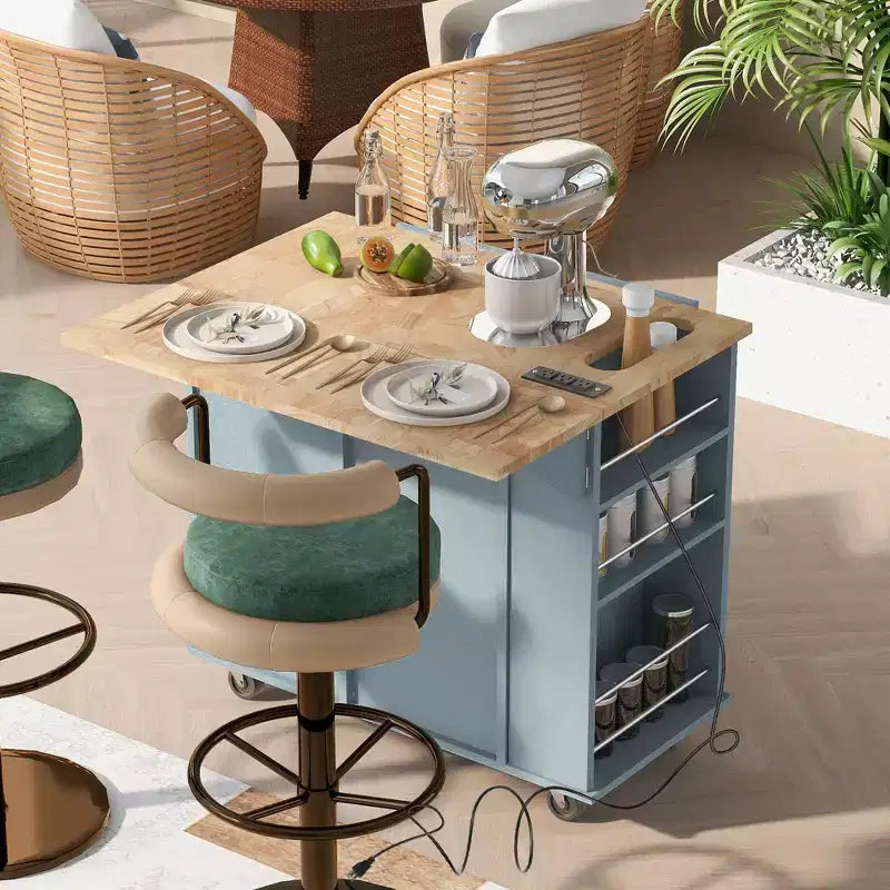 GDFStudio Patsy Îlot de cuisine mobile avec prise de courant, abattant et plateau en bois d'hévéa