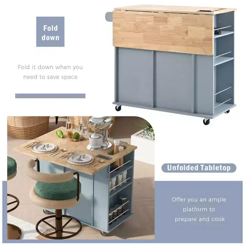 GDFStudio Patsy Îlot de cuisine mobile avec prise de courant, abattant et plateau en bois d'hévéa