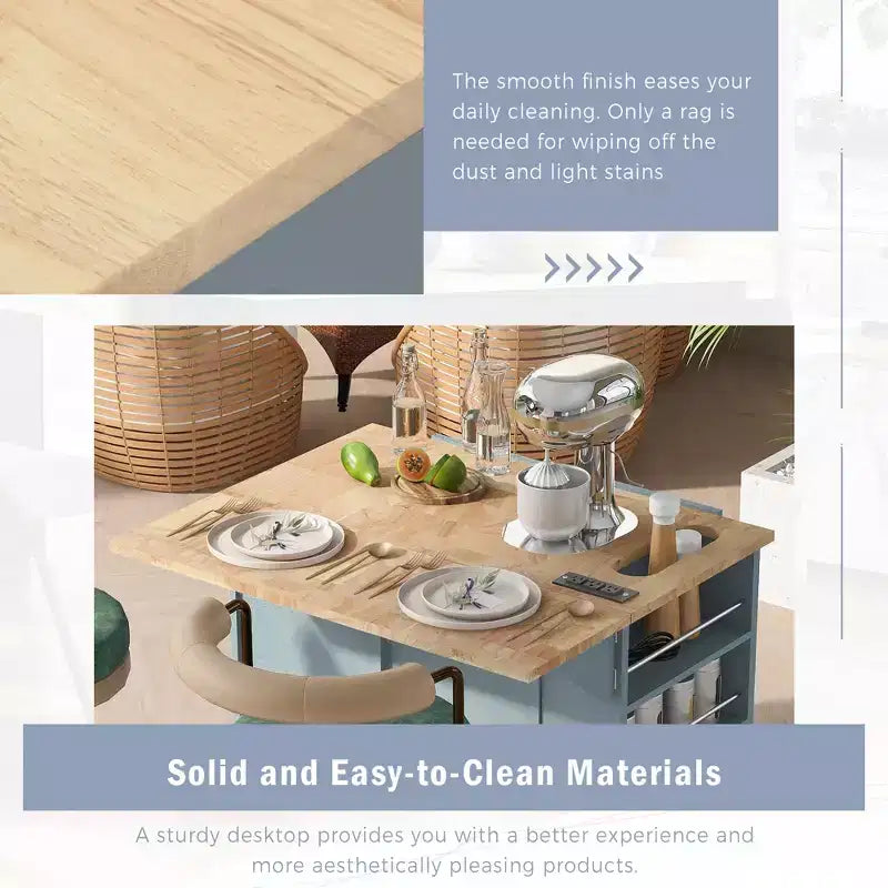 GDFStudio Patsy Îlot de cuisine mobile avec prise de courant, abattant et plateau en bois d'hévéa