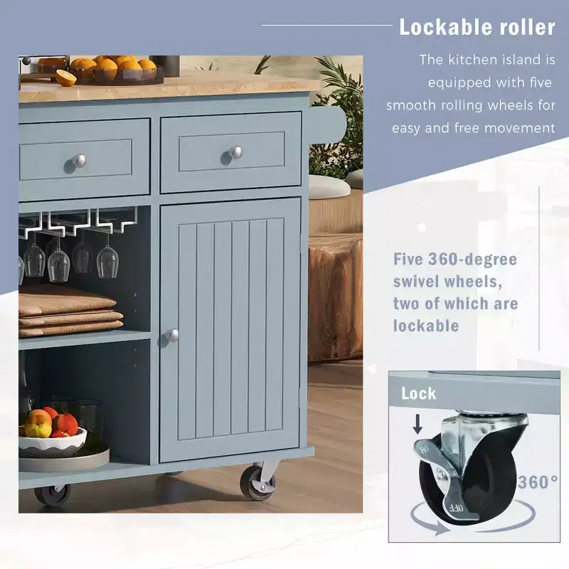 GDFStudio Patsy Îlot de cuisine mobile avec prise de courant, abattant et plateau en bois d'hévéa