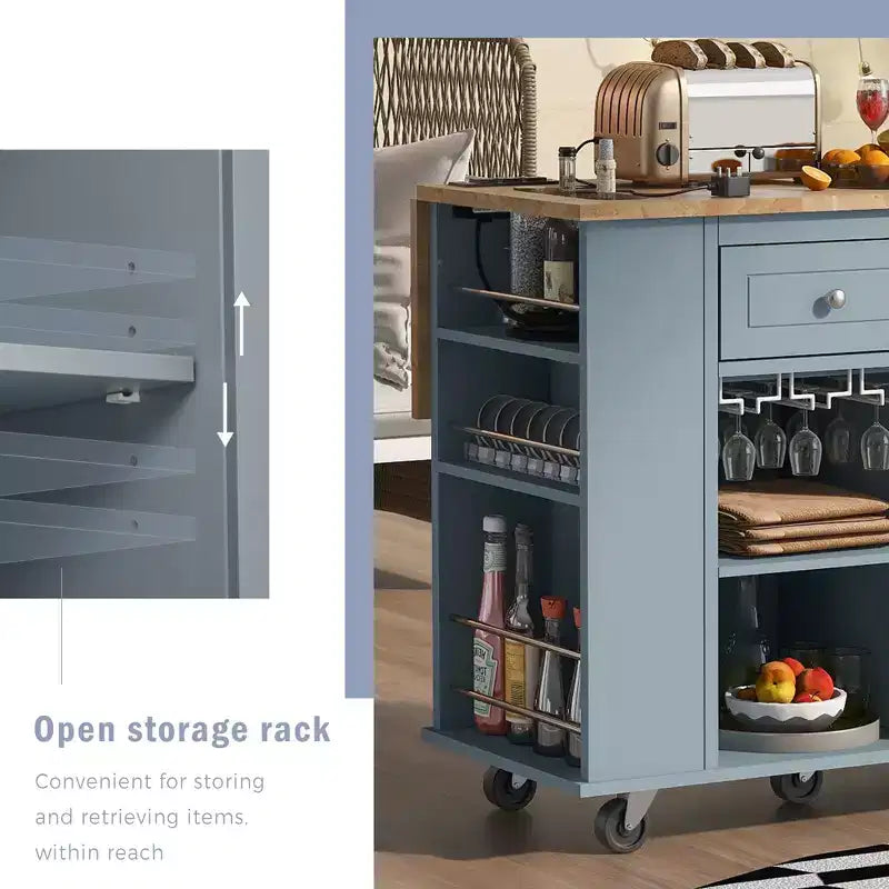 GDFStudio Patsy Îlot de cuisine mobile avec prise de courant, abattant et plateau en bois d'hévéa