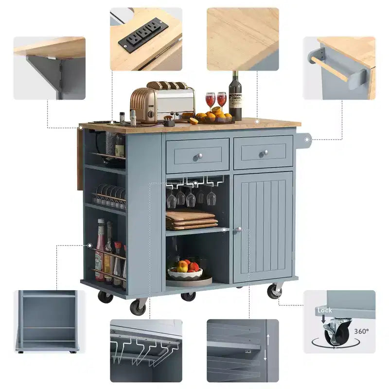 GDFStudio Patsy Îlot de cuisine mobile avec prise de courant, abattant et plateau en bois d'hévéa