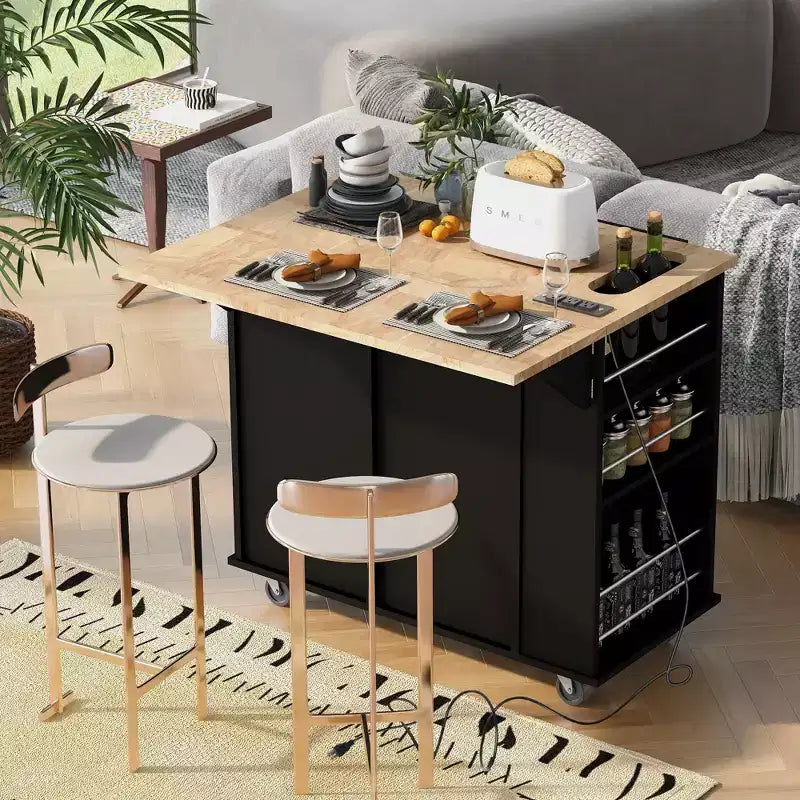 GDFStudio Patsy Îlot de cuisine mobile avec prise de courant, abattant et plateau en bois d'hévéa